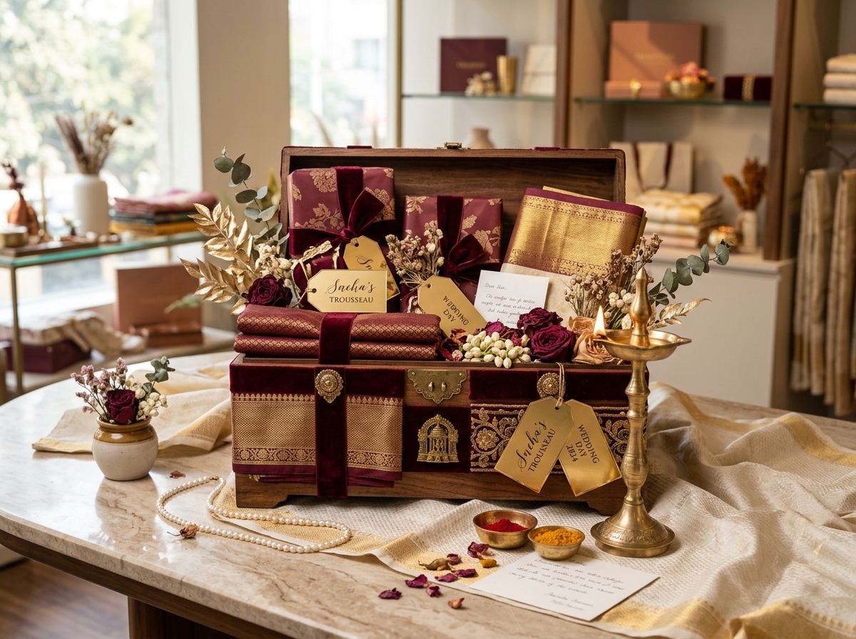 Luxury bridal wedding gift trunk styled with silk fabric and brass oil lamp